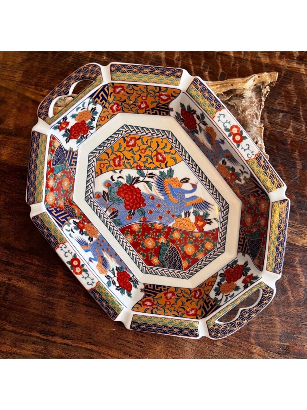 Vintage Japanese Imari Style Porcelain Rice Dish Floral & Phoenix Motif Handled